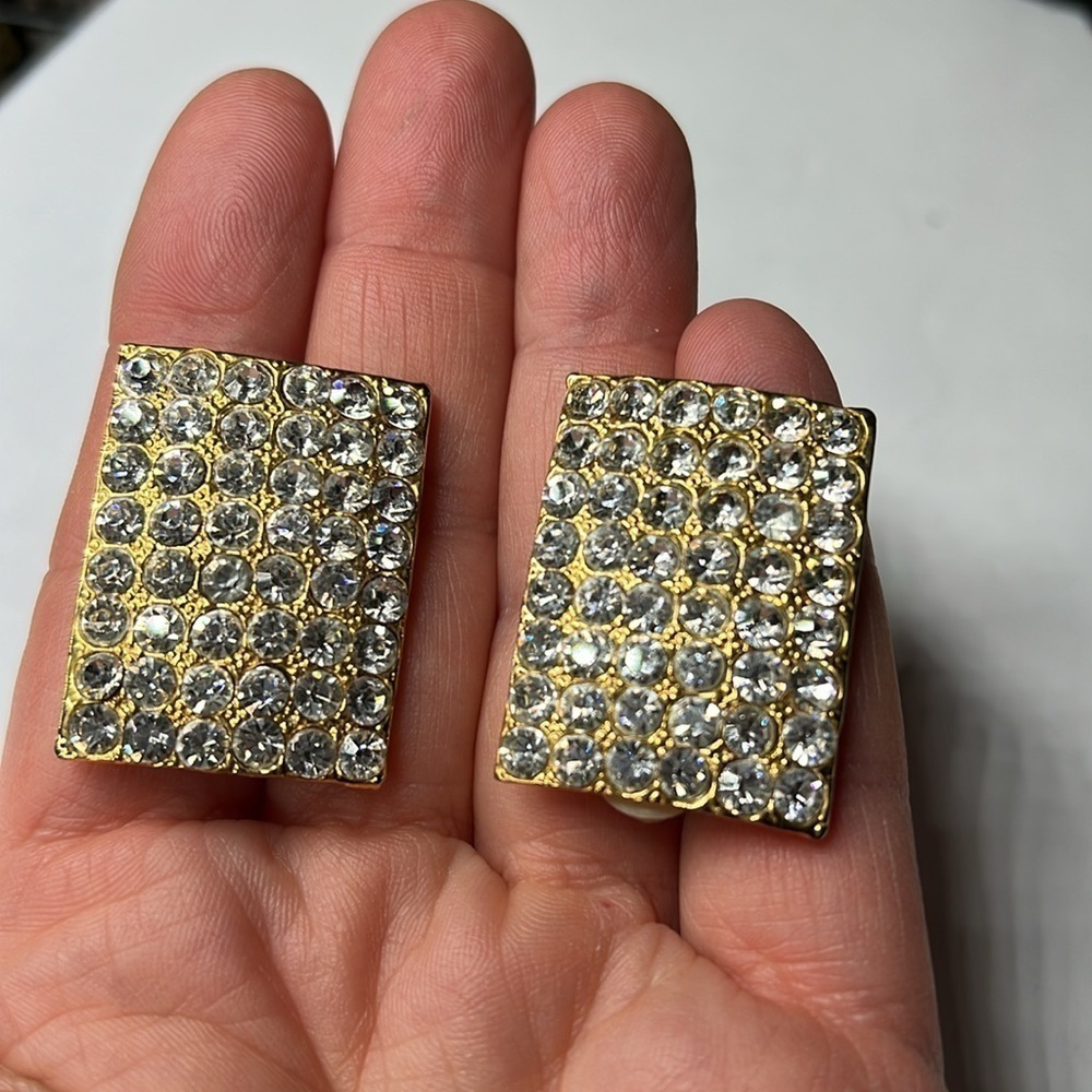 Gold Crystal Encrusted 1.25” x 1” Clip Earrings